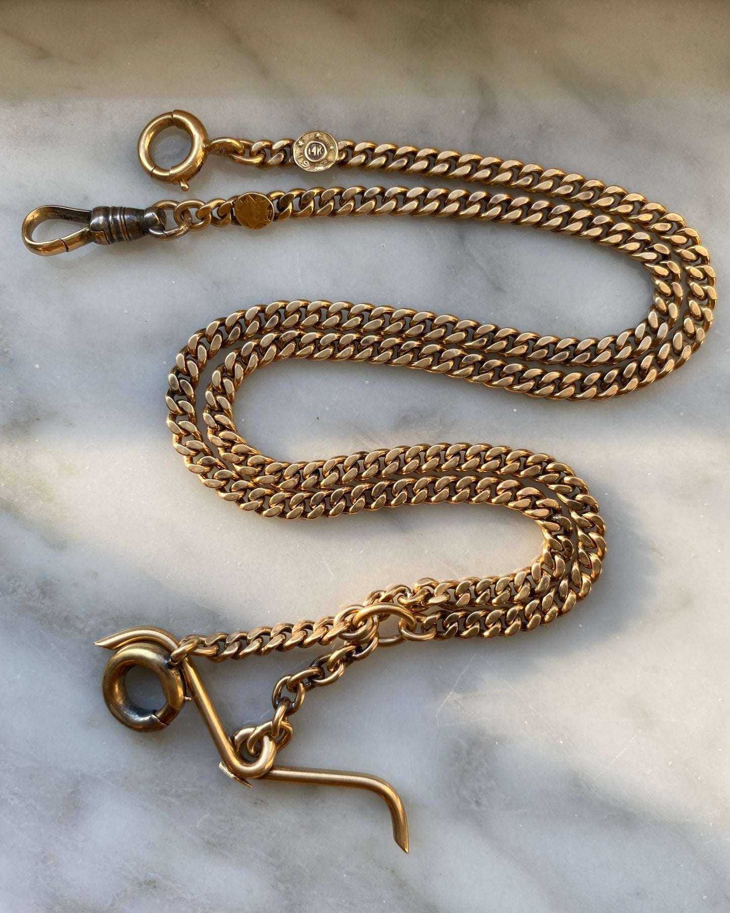 Antique 14k gold curb watch chain with amazing patina - from 1913 - Golden Green Obsession