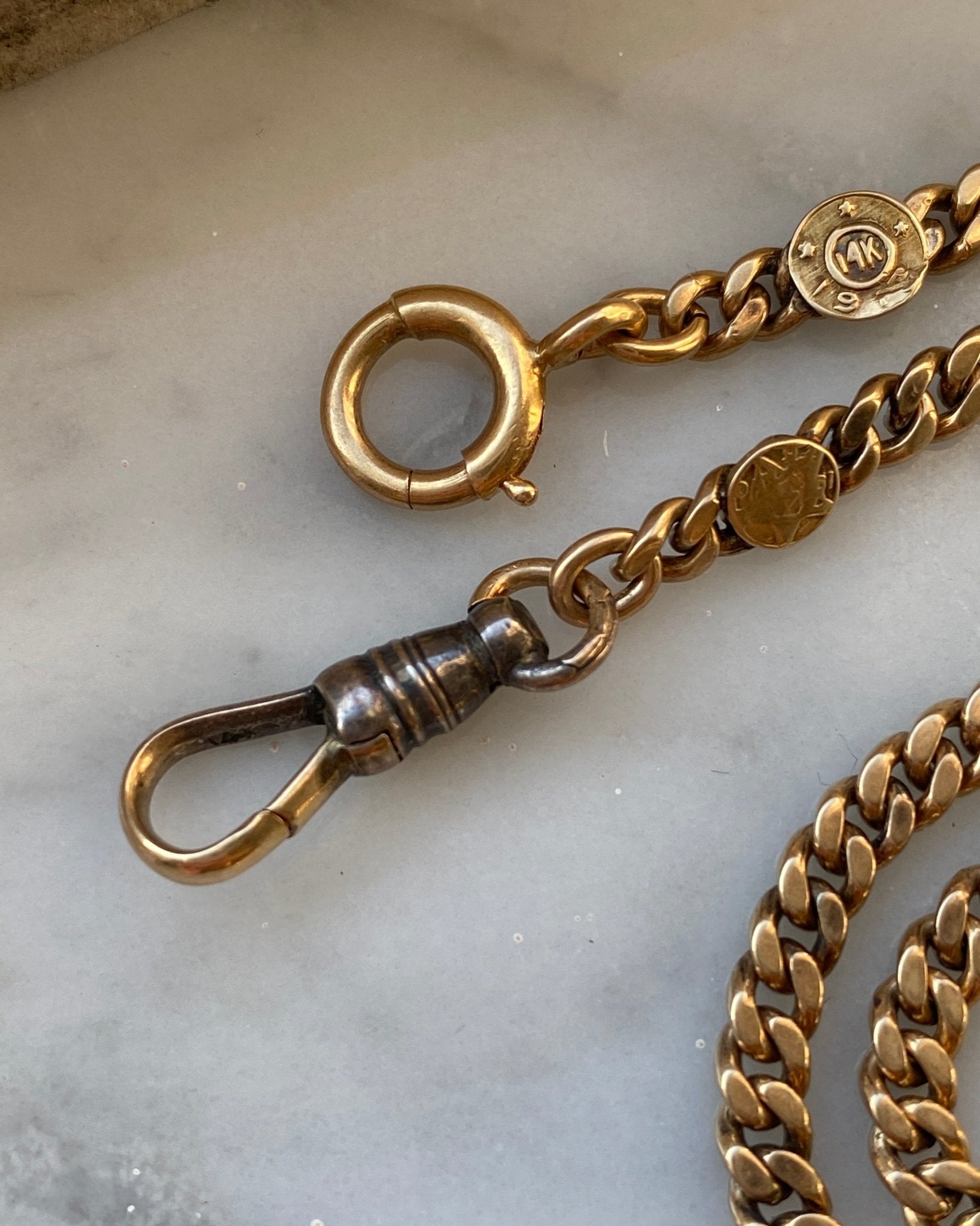 Antique 14k gold curb watch chain with amazing patina - from 1913 - Golden Green Obsession