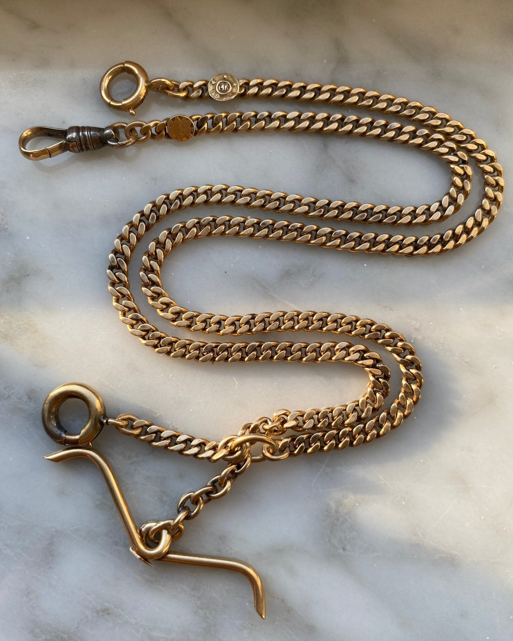 Antique 14k gold curb watch chain with amazing patina - from 1913 - Golden Green Obsession