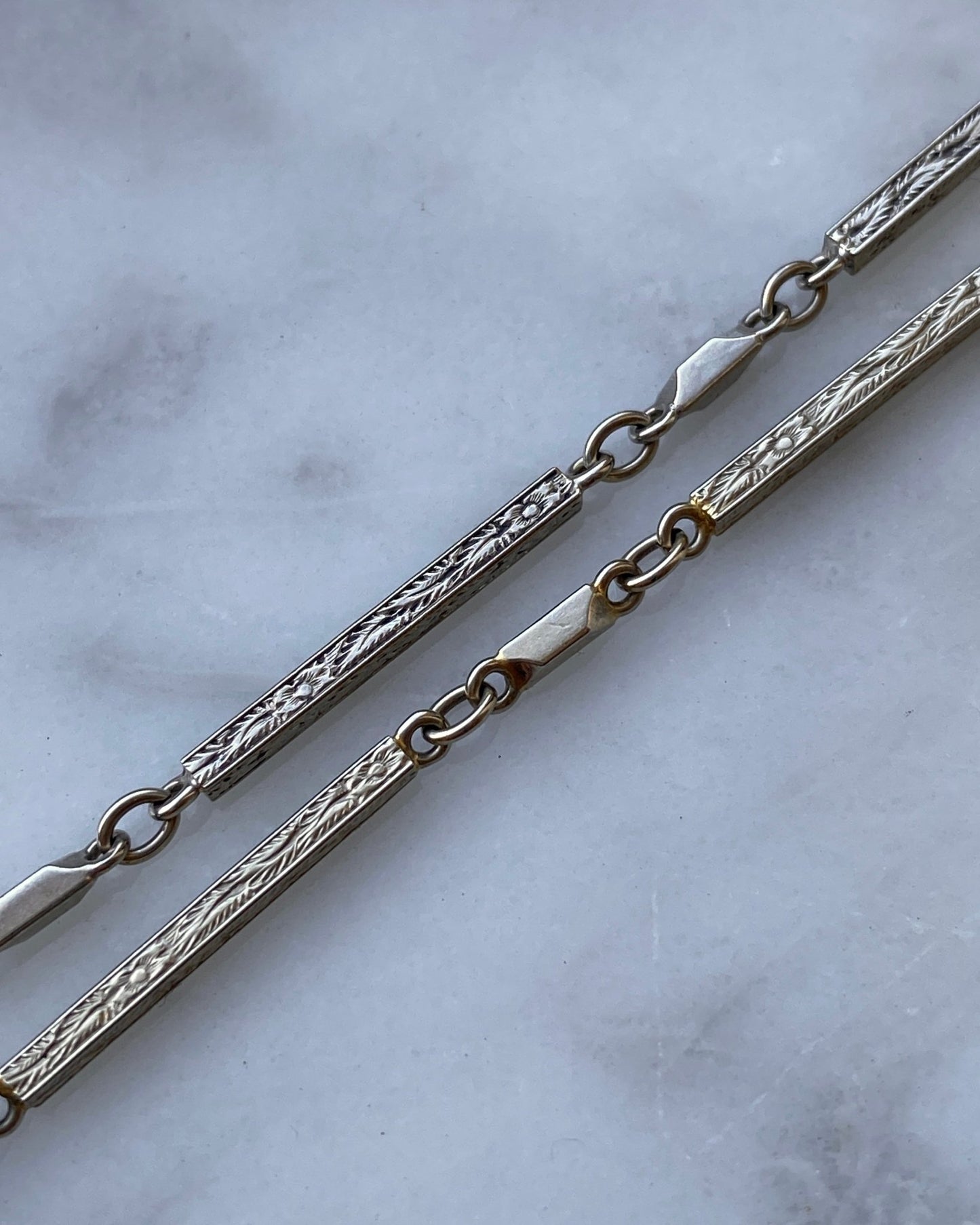 Antique/vintage 18k white gold floral engraved watch chain - Golden Green Obsession