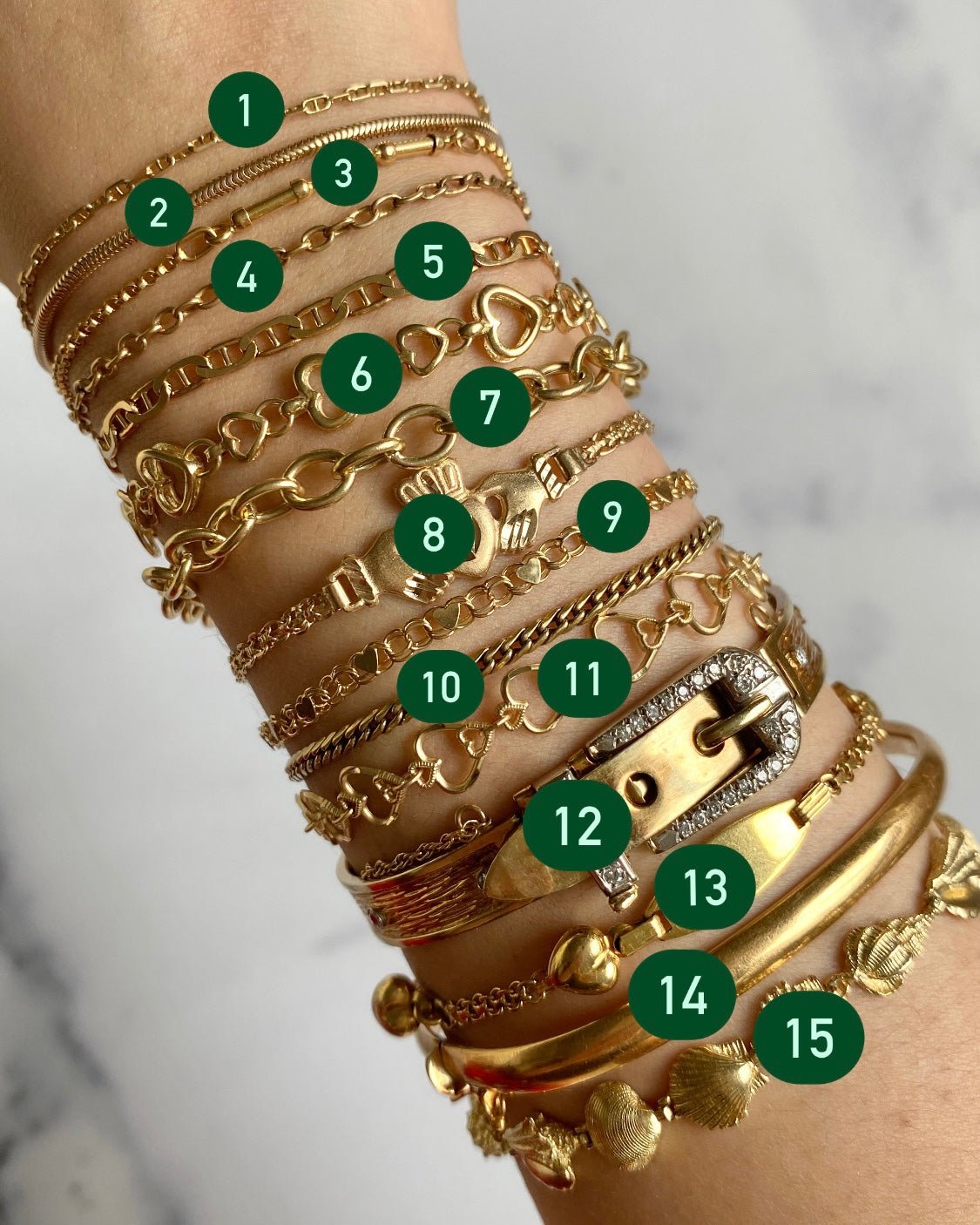 Solid 14k gold bracelets (only #4, 8, 11, 12, and 15 are available) - Golden Green Obsession