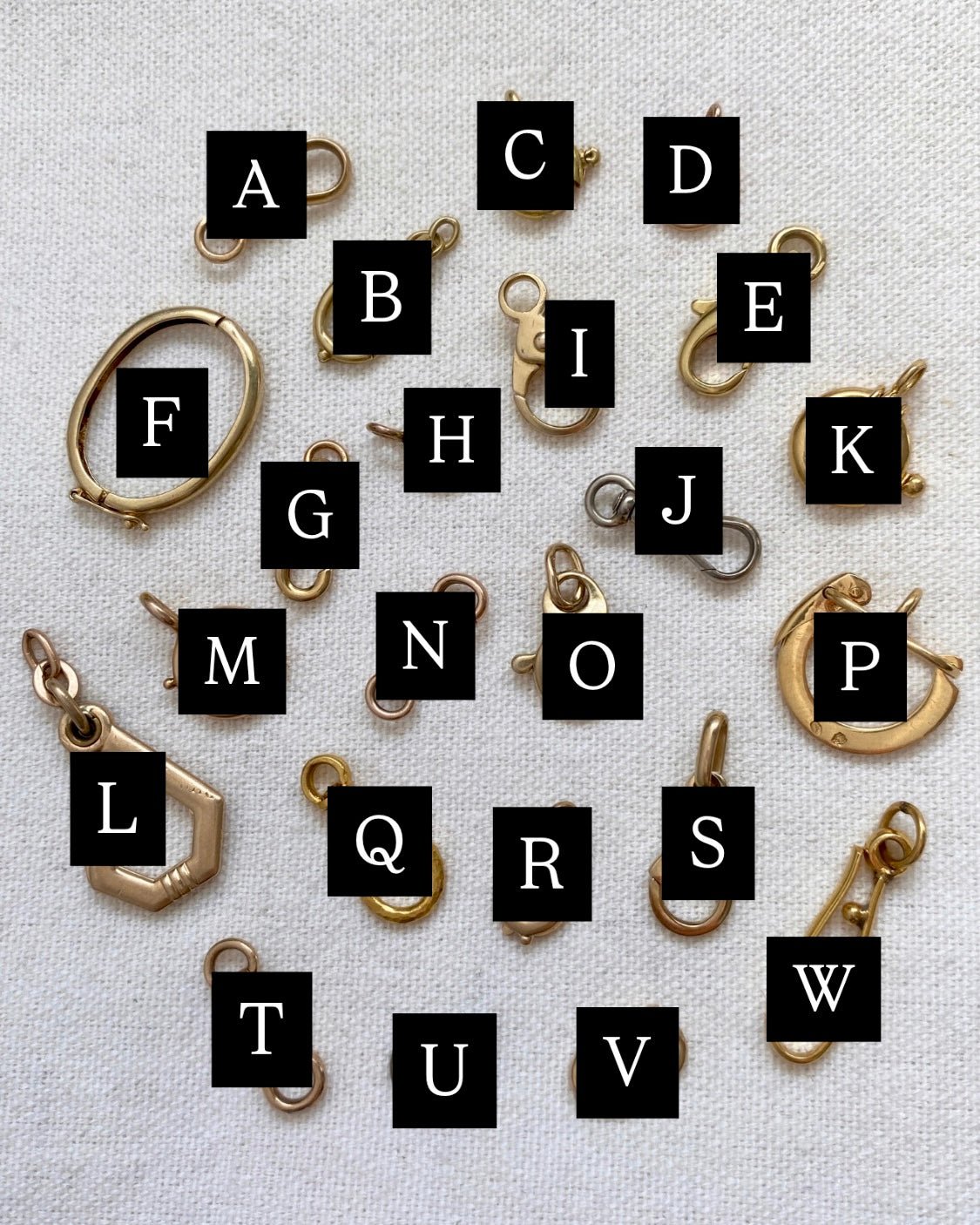 Solid 14k gold clasps (only I & U are available) - Golden Green Obsession